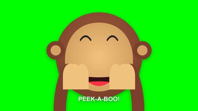 Funny cartoon monkey character playing peekaboo with joyful expression against a bright green background