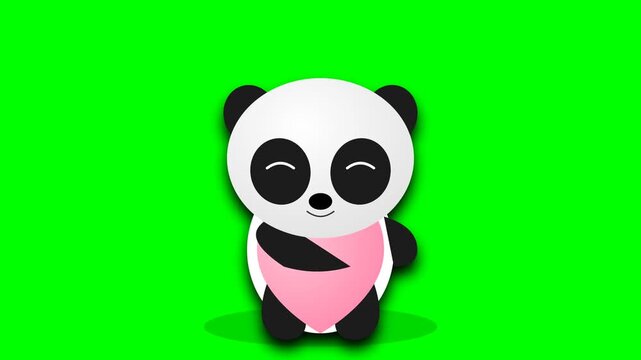 Cute panda cartoon character holding pink heart shape against green background