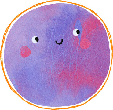 Cute cartoon hand drawn watercolor planet in Space. Playful doodle style. Universe, stars, planet illustration