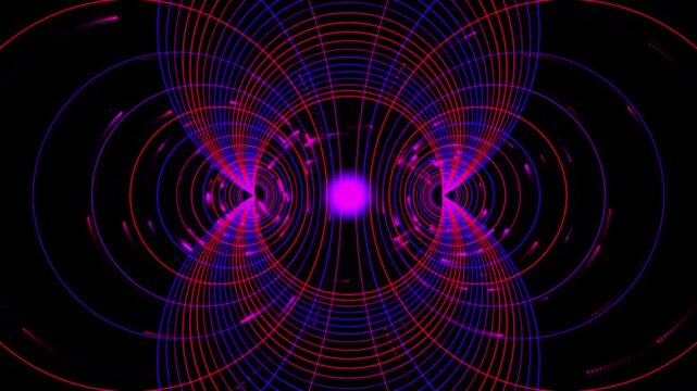 Abstract electromagnetic field waves pulsating in glowing red and blue light on dark black background
