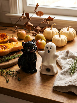 Cat and ghost salt pepper shakers on cozy autumn kitchen counter