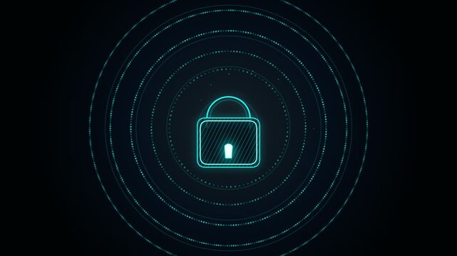 Digital security lock icon with concentric network connection lines glowing