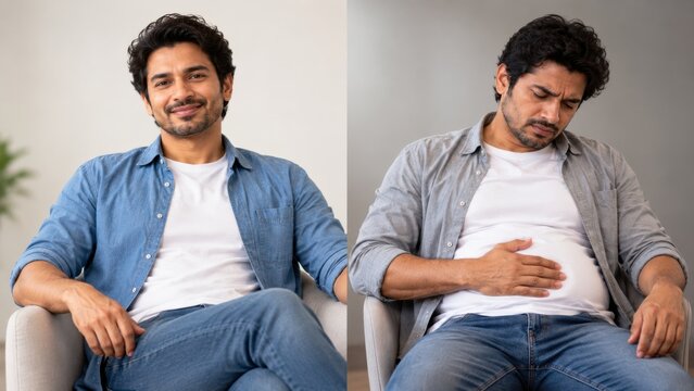 Young man showing contrast of feeling normal and healthy versus suffering from painful stomach bloating on sofa.