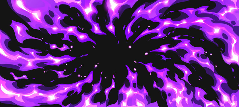 Cartoon comic purple fire flames background, violet hell effect with swirl burst vortex. Vector glowing fiery energy with dynamic motion, black center and bright blaze for fantasy game and explosion