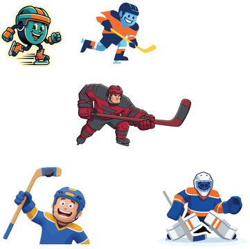 Set of colorful ice hockey characters including a happy puck mascot, aggressive player, defending goalie, and cheering athlete isolated on a white background. 