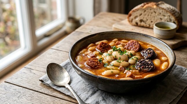 Bean stew featuring savory chorizo and black pudding sits on a rustic wooden table by the window.