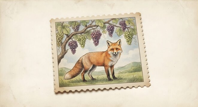 postage stamp gdr 1981 fox vulpes,
Red Fox Standing Under Grapevine With Bunches Of Grapes In Vineyard Vintage Postage Stamp Illustration