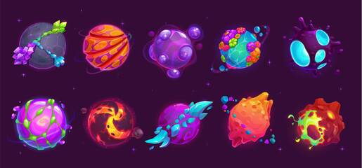 Cartoon alien space magma, lava, fire and ice planets and stars with orbits, vector game UI assets. Cartoon fantasy galaxy planets and alien space stars with rocks, flowers and crystals surface © Seavector