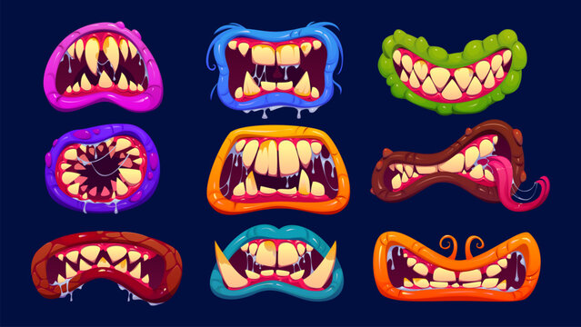 Cartoon Halloween monster mouth with sharp fangs, terrifying teeth, slime drips and uneven gums. Vector scary smiles and horror grins of Halloween alien monster, vampire, demon or zombie mouth