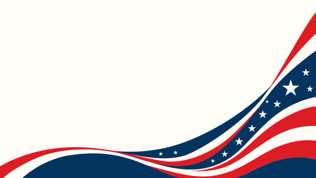 Abstract patriotic background with waving USA flag elements in the bottom right corner and copy space.