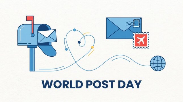 World post day concept illustration with mailbox, envelope, airmail stamp and globe icon