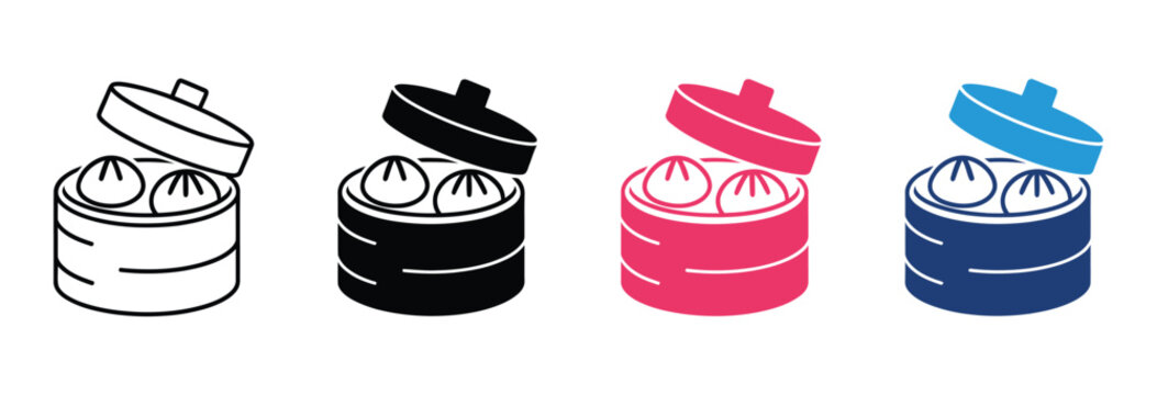Dim sum bamboo steamer icons, Chinese dumpling basket vector set, traditional Asian food symbols, flat and line styles, culinary illustrations