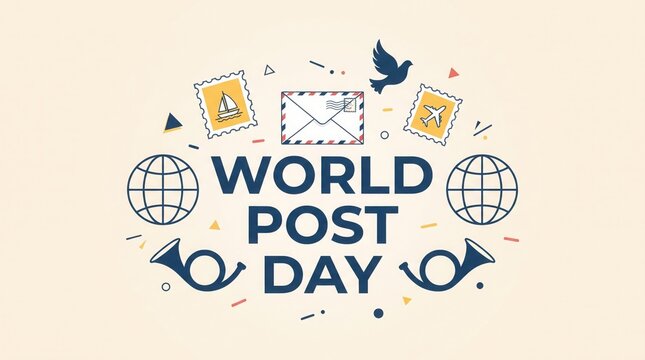 World post day celebration concept with envelope, stamps, globes and post horns on a light background