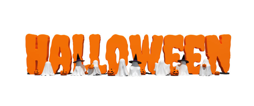 3D Halloween Orange Text with Cute White Ghosts, Pumpkins, and Witch Hats on transparent background