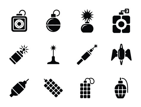 Black bomb explosive weapon icon set with grenade dynamite and missile silhouette