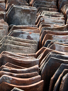 Details and textures of old-style used roof tiles that will be reused for traditional Javanese construction buildings.