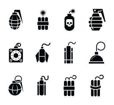Explosive bomb grenade dynamite black vector silhouette weapon icon set