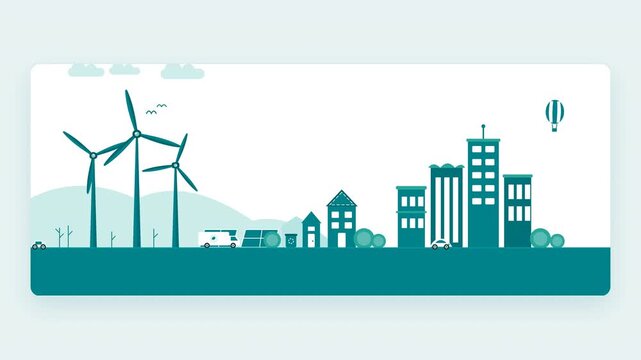 Sustainable green city animation with wind turbines and solar panels