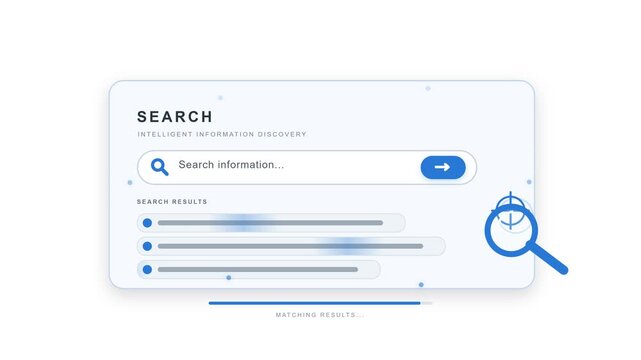 A futuristic digital search interface with a glowing magnifying glass, scanning beam, moving data particles, expanding detection waves, and animated search results.