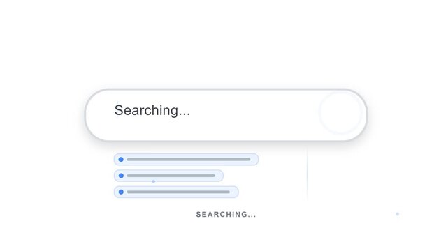 A clean modern search animation featuring a magnifying glass scanning across a glowing search field with moving search indicators and subtle motion graphics.