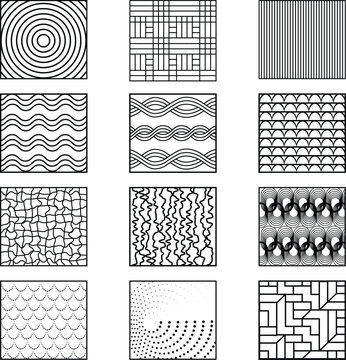 Set of abstract vector line patterns, monochrome geometric and organic textures, seamless fill elements for design, op art backgrounds, vector illustration