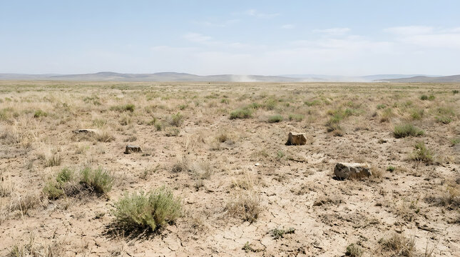 Expansive dry steppe landscape with sparse brown grass, cracked earth, and a wide blue sky, ideal as a background, design element, or template for environmental themes and travel branding.