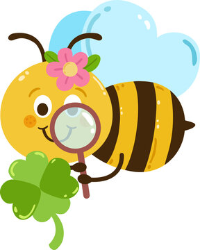 Cute Kawaii Cartoon Bee Holding Magnifying Glass Illustration