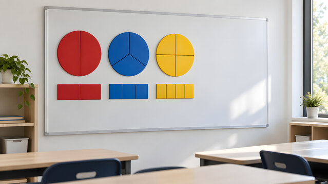 Colorful Fraction Shapes On Classroom Whiteboard