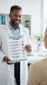 Doctor showing checklist of healthy habits for men, generous copy space, Blue November: prostate cancer awareness and prevention
