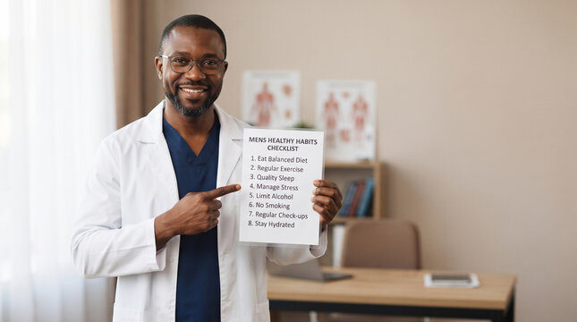 Doctor showing checklist of healthy habits for men, generous copy space, Blue November: prostate cancer awareness and prevention