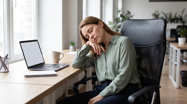 Tired Businesswoman Falling Asleep at Desk During Workday Due to Fatigue and Sleep Deprivation