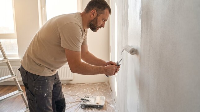 Hombre pintando una pared blanca con rodillo durante la renovaci&oacute;n y mejora de un apartamento
