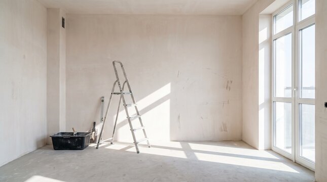 Habitaci&oacute;n luminosa y vac&iacute;a de apartamento en renovaci&oacute;n con escalera y herramientas de pintura