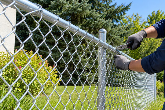 Chain link fence installation, worker in work gloves using pliers to secure galvanized wire mesh, residential backyard garden, home improvement construction, security perimeter fencing