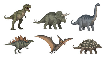 Six distinct cartoonstyle dinosaurs arranged in two rows against a plain white background © Shalahuddin