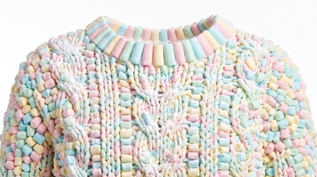 Creative fashion concept showing a chunky knit sweater made entirely of pastel mini marshmallows.