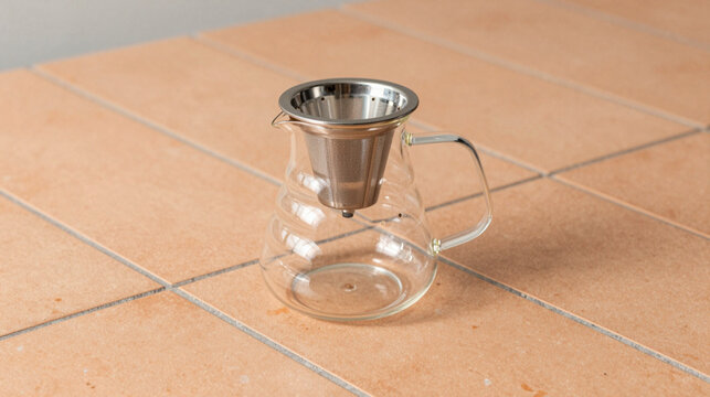 Glass pour over coffee maker with a stainless steel mesh filter on a tile countertop