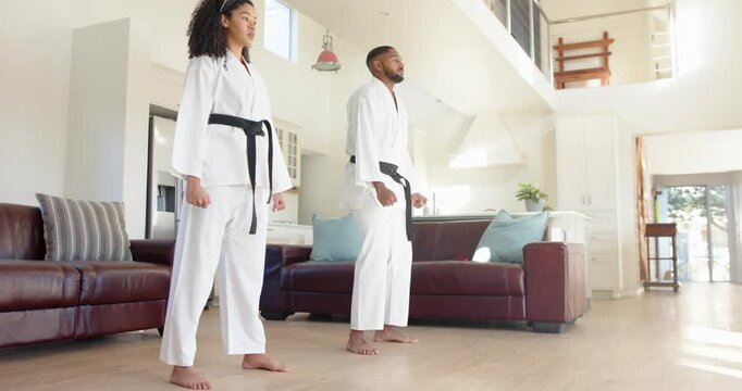 Lifestyle videos indoor of people doing activities at home, practicing martial arts, man and woman i
