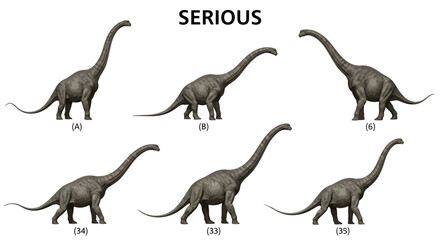 Six illustrations of a sauropod dinosaur in various postures labeled with alphanumeric characters displayed against a plain background © Shalahuddin