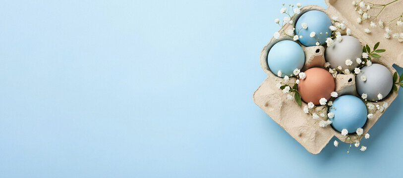 Painted blue chicken Easter eggs with delicate flowers in paper carton box on blue background. Banner template for spring holiday decoration, art and craft, celebration of Easter Day with copy space.