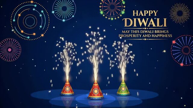 Colorful traditional anar firecrackers erupt with glowing sparks beneath stylized vector fireworks, creating a vibrant Diwali motion graphic background
