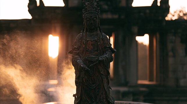 Medium shot of a bronze deity statue standing serenely inside an ancient stone temple courtyard