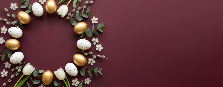 Frame from golden eggs, white tulips on red background. Greeting banner for spring Easter day, a Christian holiday with copy space.
