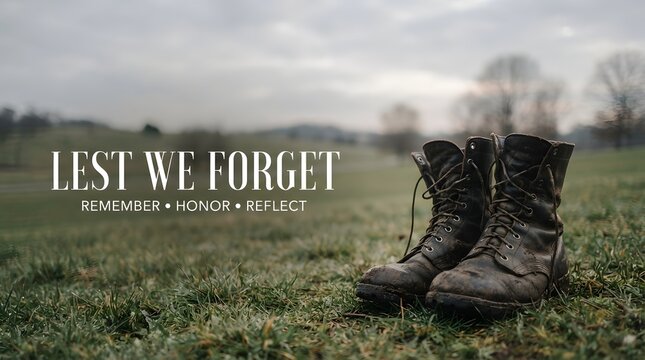 Military combat boots standing in a field with lest we forget text overlay