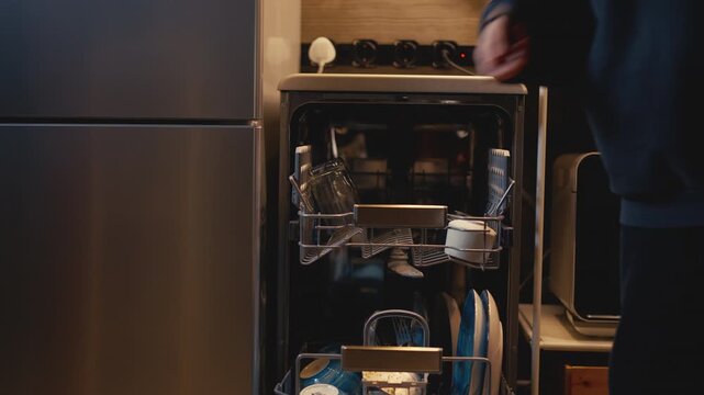 Woman loading dirty glasses and glass cups into the upper rack of an open dishwasher with dirty plates and cutlery inside, sliding racks back in to keep a warm modern loft kitchen clean.