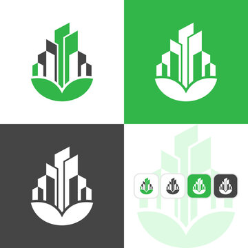 Green city logo , icon, place, building, Premium Vector, leaf logo vector, leaf tree building tower logo design.