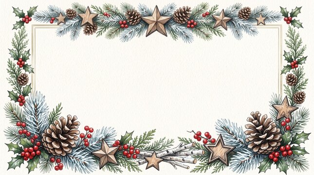 Elegant Christmas Pine Branch Wooden Star Border Frame Photo - christmas border frame, pine branch decoration, wooden star ornament, holly berries border, pinecone illustration, snow dusted pine