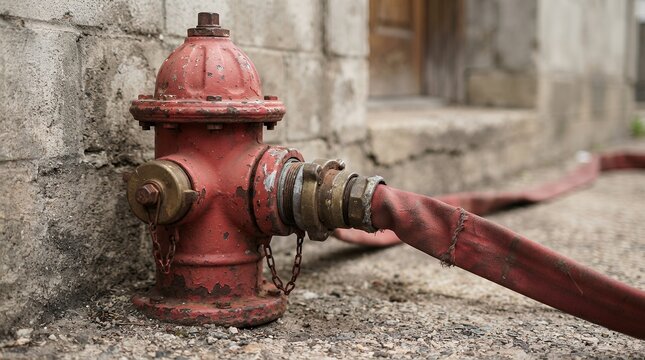 Vibrant red fire hydrant with a connected fire hose, an essential piece of urban emergency equipment. Weathered metal fireplug, a symbol of public safety and fire protection infrastructure.