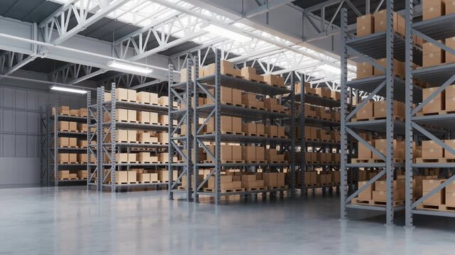 Store shelves with boxes goods in the warehouse, 3d rendering.