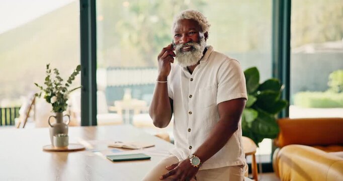 Contact, laugh and black man in home with phone call, connection and happy moment in remote chat. Digital, talking and mature person with tech, discussion and joke reaction in online communication.